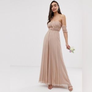 ASOS DESIGN Bridesmaid Soft Blush bardot ruched pleated maxi dress size US 0